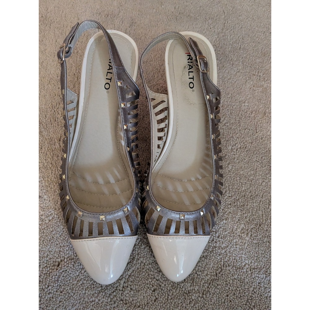 Rialto Womens Metallic Pewter Cream Studded Cage Slingback Kitten Heels 7.5M